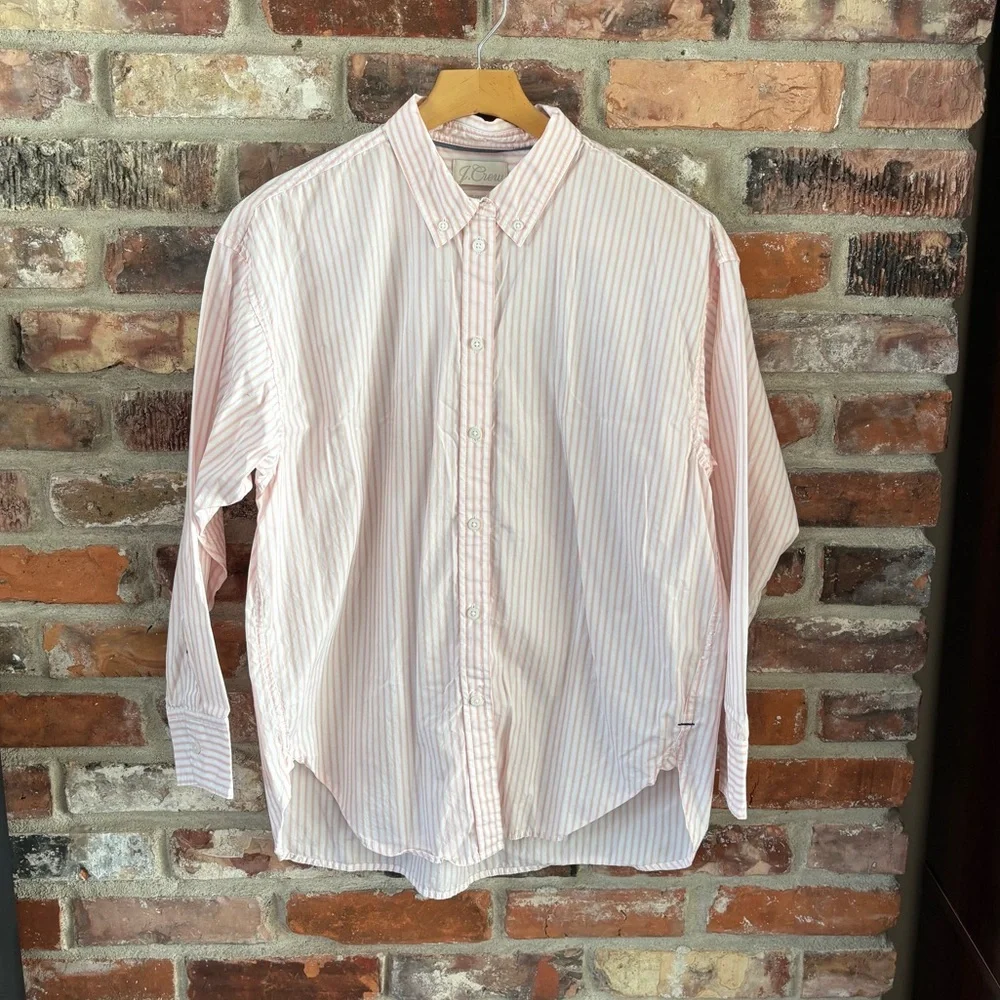 J. Crew Cotton Pink Stripe Relaxed Button Up Long Sleeve Shirt Top, 10